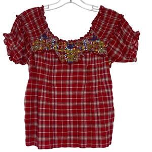 Free People red plaid floral embroidered blouse women's size 2 bohemian western